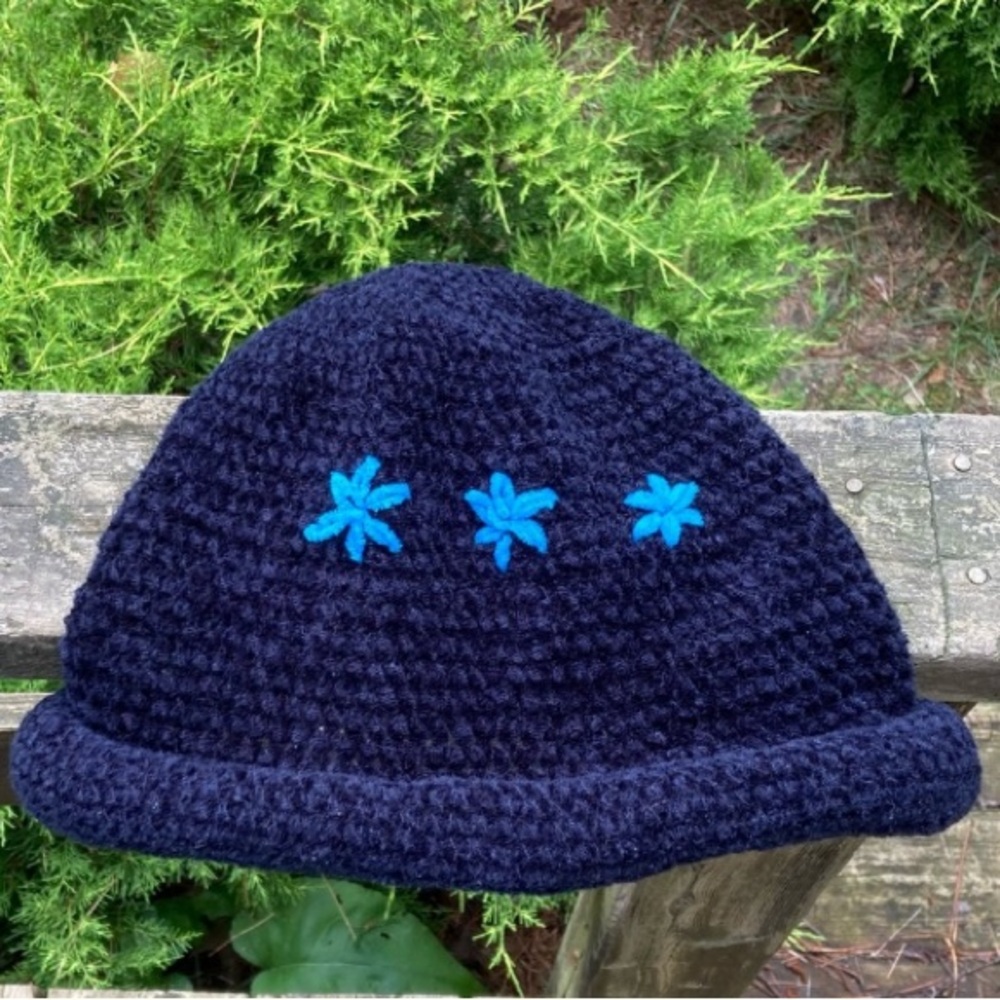 HAND CRAFTED Hat Knit Cap Crochet Boho Colorful Floral Black Turquoise One Size